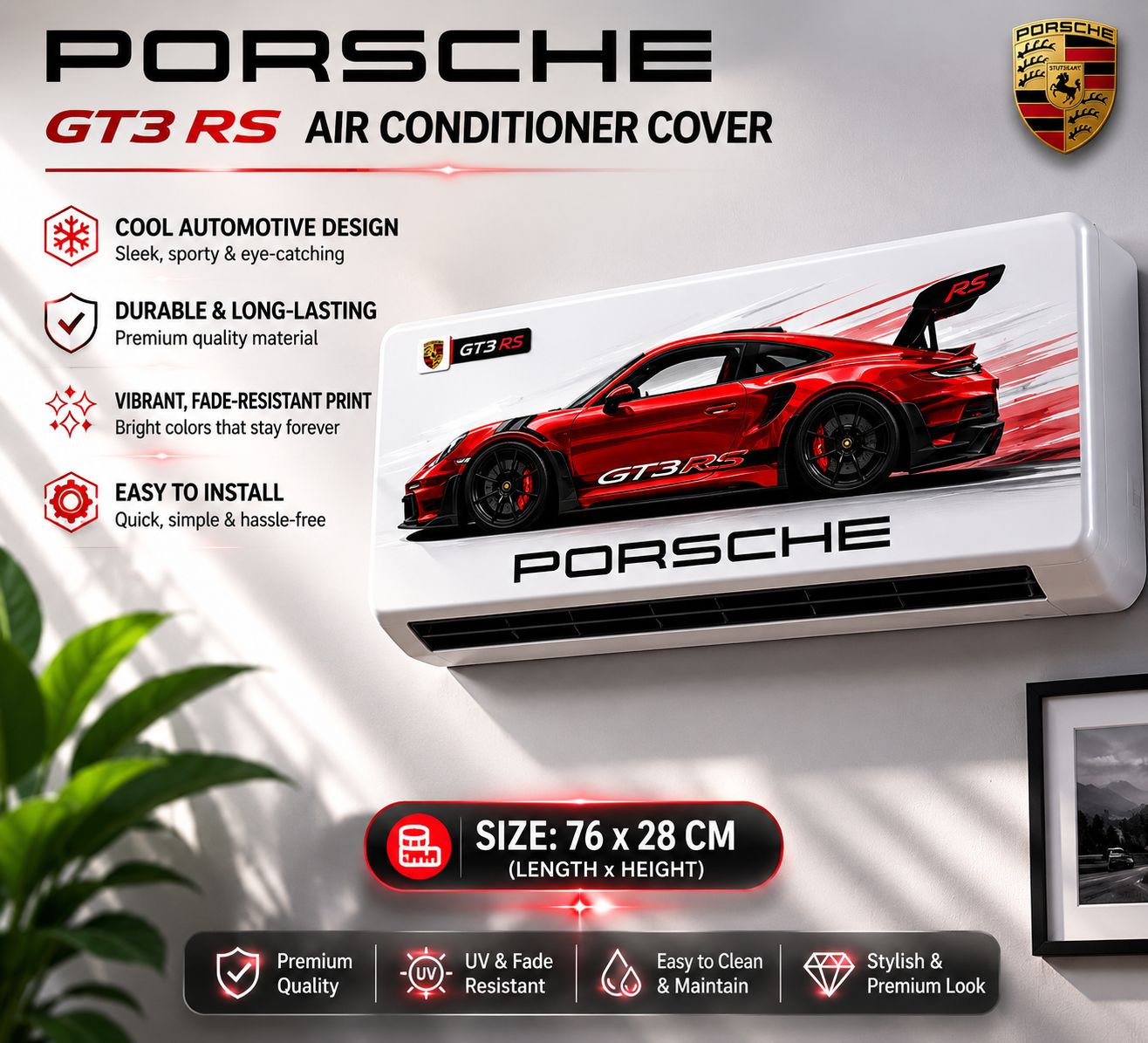 High quality Porsche GT3 RS RED Car AC Sticker for Split Air Conditioner | Premium Waterproof Vinyl AC Cover Sticker | Universal Fit for 1 Ton & 1.5 Ton AC | 76x28 cm