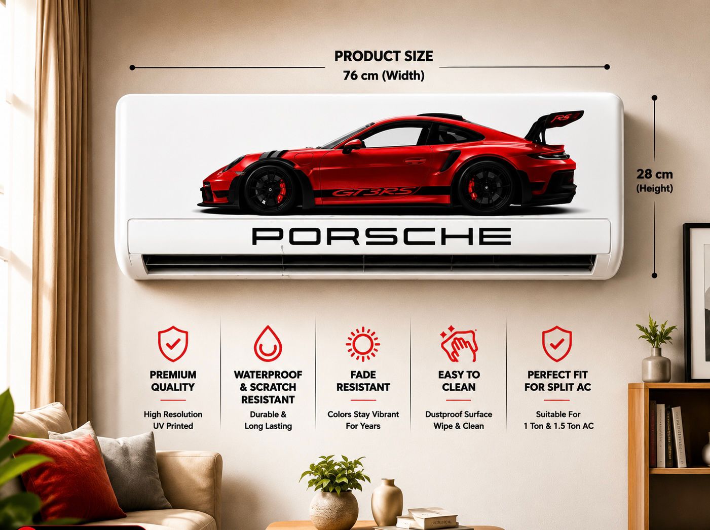 High quality Porsche GT3 RS RED Car AC Sticker for Split Air Conditioner | Premium Waterproof Vinyl AC Cover Sticker | Universal Fit for 1 Ton & 1.5 Ton AC | 76x28 cm