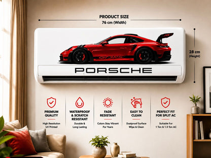 High quality Porsche GT3 RS RED Car AC Sticker for Split Air Conditioner | Premium Waterproof Vinyl AC Cover Sticker | Universal Fit for 1 Ton & 1.5 Ton AC | 76x28 cm