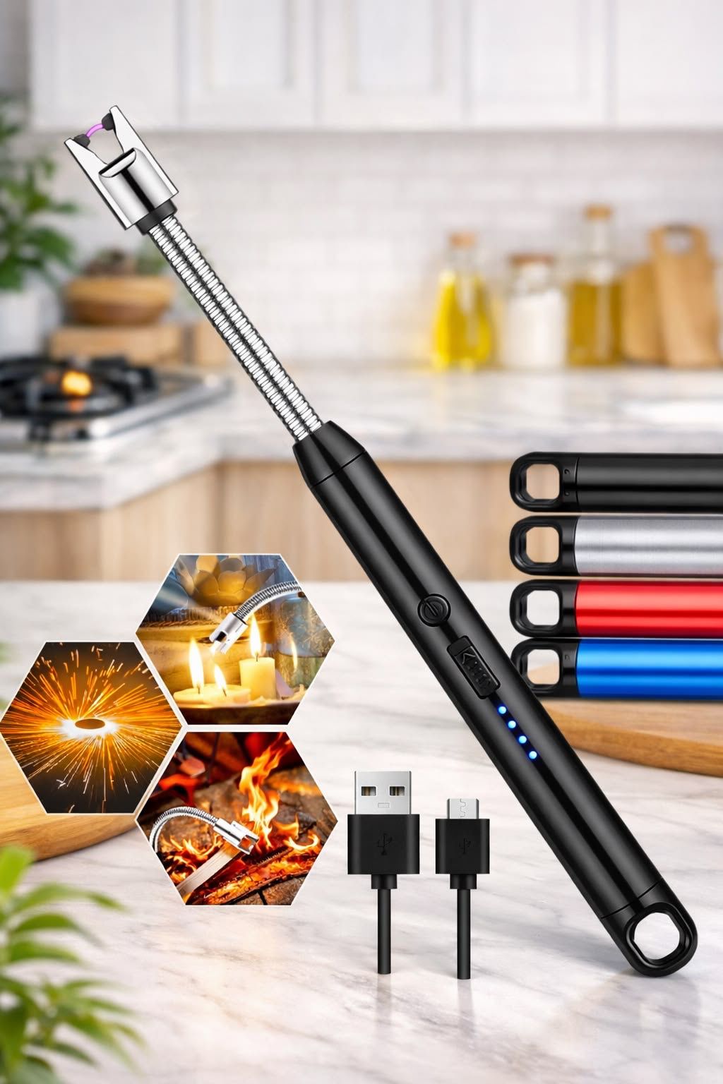 Electric Lighter for Candles Rechargeable Electric Gas Lighter Home Use Candle Lighter Plasma Flameless Windproof USB Lighter 360° Flexible Neck Arc Lighter