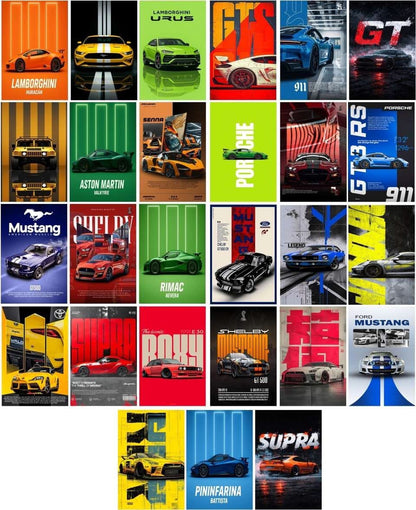 Aesthetic HD Car Wall Collage Kit || 24pcs (4x6inch) car Aesthetic Posters For Room Decoration Water Resistant Paper Comes With Adhesive Tape (Car)